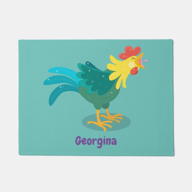 Cute funny crowing rooster cartoon illustration doormat (Front)