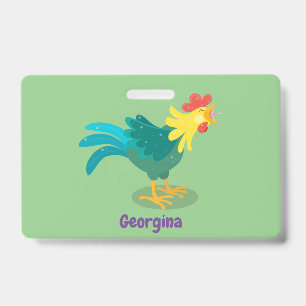Cute funny crowing rooster cartoon illustration ID badge