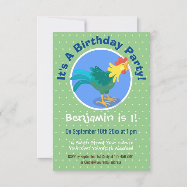 Cute funny crowing rooster cartoon illustration invitation (Front)