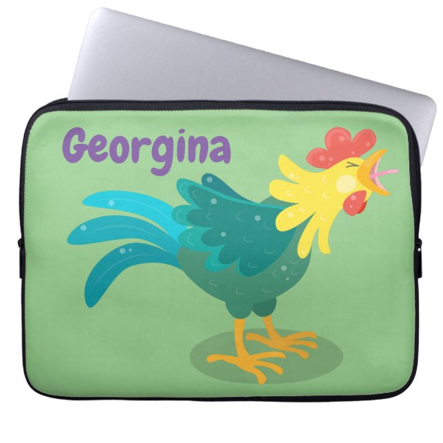 Cute funny crowing rooster cartoon illustration laptop sleeve (Front)