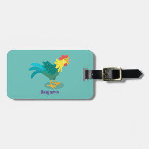 Cute funny crowing rooster cartoon illustration luggage tag