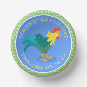 Cute funny crowing rooster cartoon illustration paper plate