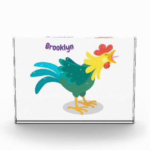 Cute funny crowing rooster cartoon illustration photo block