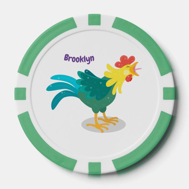 Cute funny crowing rooster cartoon illustration poker chips (Front)