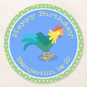 Cute funny crowing rooster cartoon illustration round paper coaster