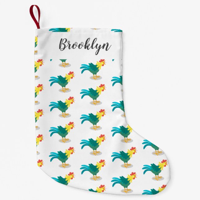 Cute funny crowing rooster cartoon illustration small christmas stocking (Front)