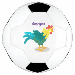Cute funny crowing rooster cartoon illustration soccer ball