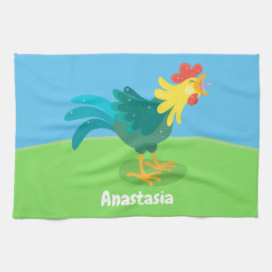 Cute funny crowing rooster cartoon illustration tea towel