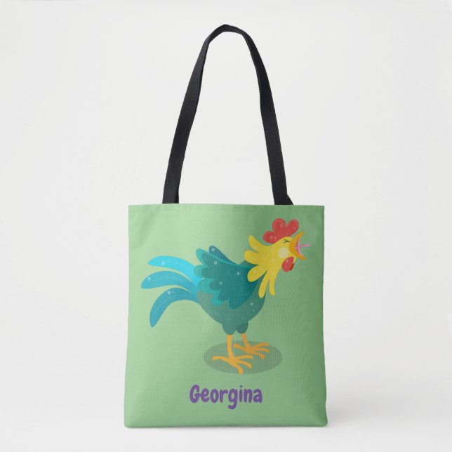 Cute funny crowing rooster cartoon illustration tote bag (Front)