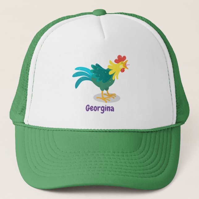 Cute funny crowing rooster cartoon illustration trucker hat (Front)