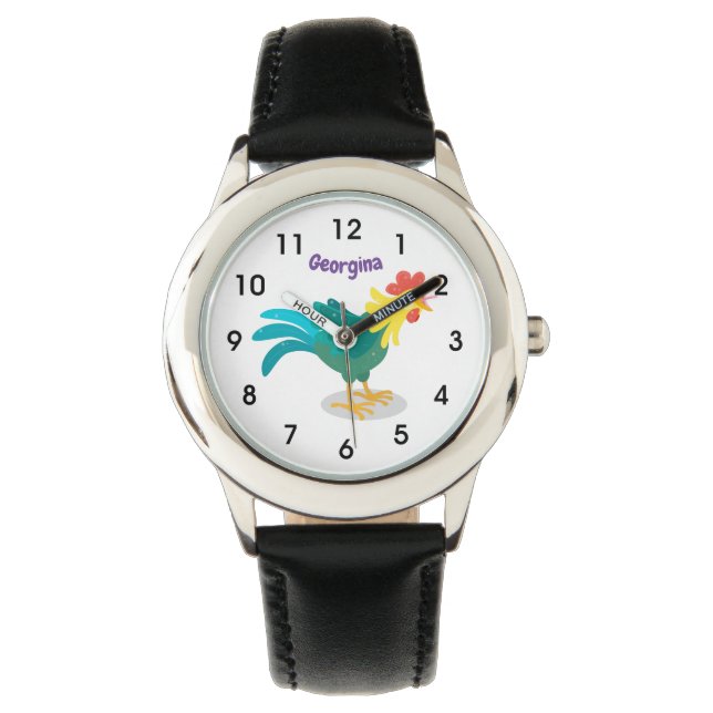 Cute funny crowing rooster cartoon illustration watch (Front)