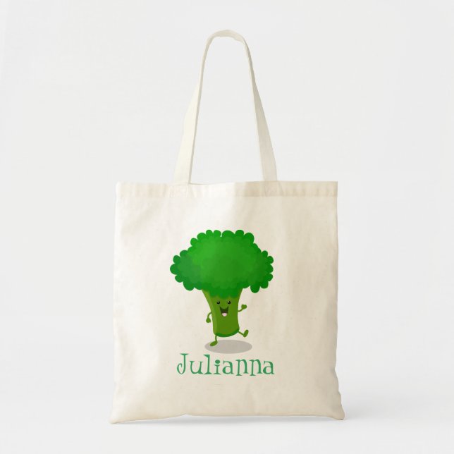 Cute funny dancing broccoli cartoon illustration tote bag (Front)