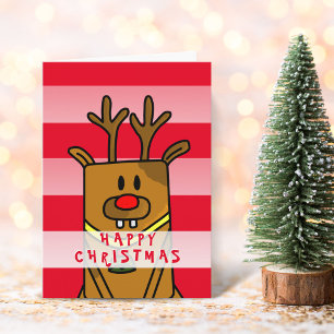 Cute Funny Deer Pink Red Happy Christmas Card