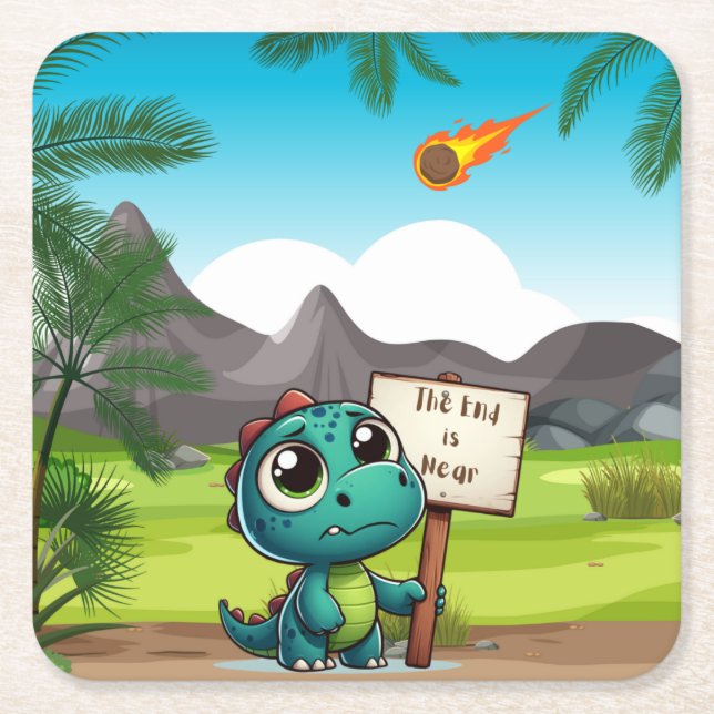 cute, funny dinosaur square paper coaster (Front)