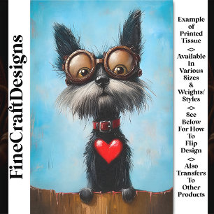 Cute Funny Dog & Red Heart & Goggles BW9 Decoupage Tissue Paper