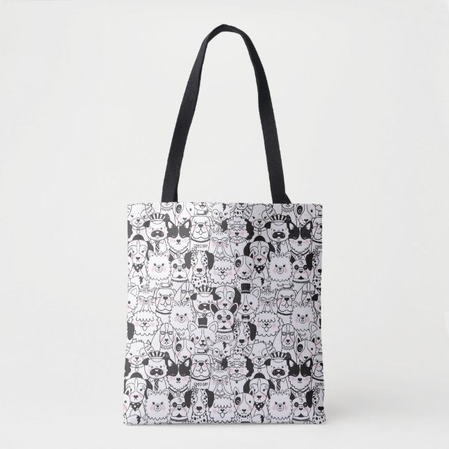 Cute Funny Dogs Black and White Animal Pattern Tote Bag (Front)