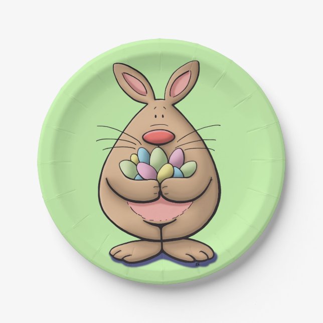 cute & funny easter bunny holding eggs cartoon paper plate (Front)