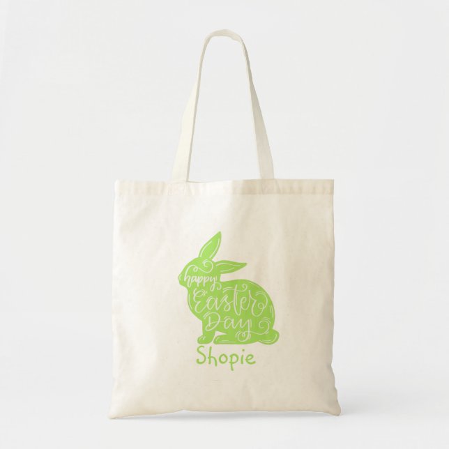 Cute Funny Easter Bunny Hunting Eggs Green Tote Bag (Front)