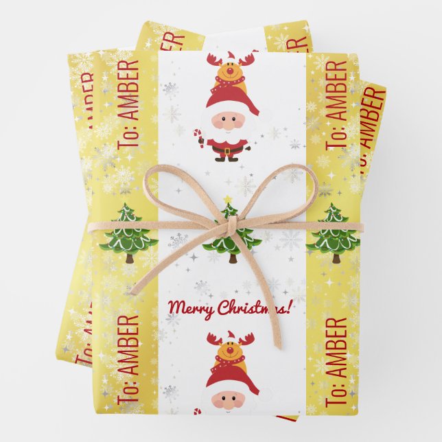 Cute Funny Elegant Rudolph Santa Personalised Xmas Wrapping Paper Sheet (In situ)