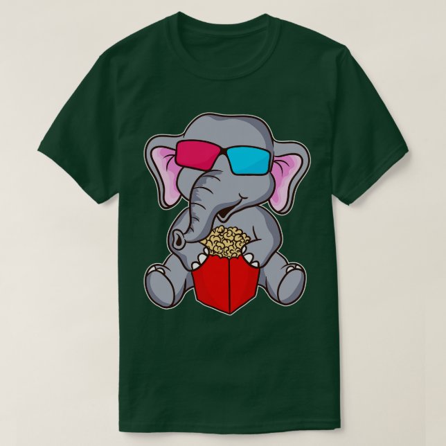 Cute Funny Elephant 3D Glasses Popcorn T-Shirt (Design Front)