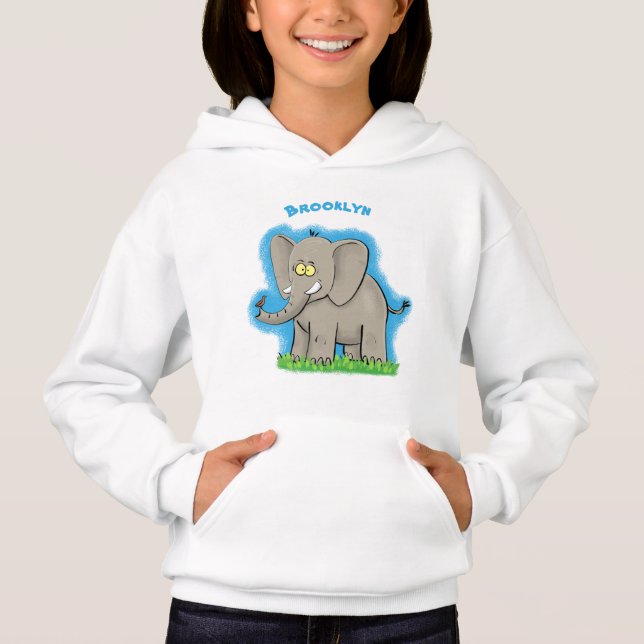 Cute funny elephant with bird on trunk cartoon (Front)