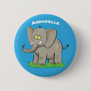 Cute funny elephant with bird on trunk cartoon 6 cm round badge