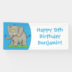 Cute funny elephant with bird on trunk cartoon banner