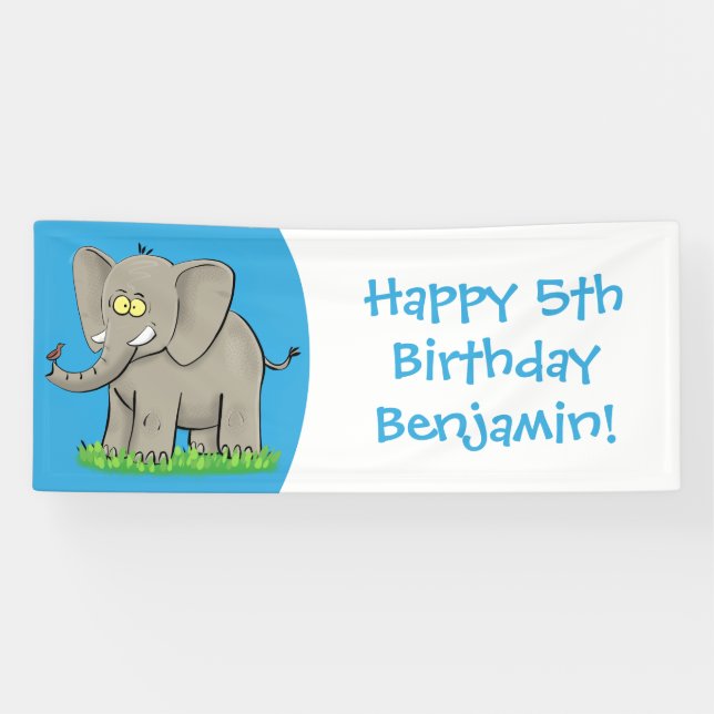 Cute funny elephant with bird on trunk cartoon banner (Horizontal)