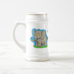 Cute funny elephant with bird on trunk cartoon beer stein