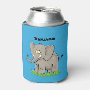 Cute funny elephant with bird on trunk cartoon can cooler