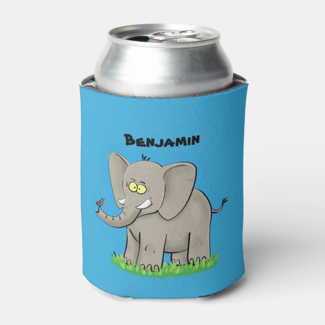 Cute funny elephant with bird on trunk cartoon can cooler (Can Front)