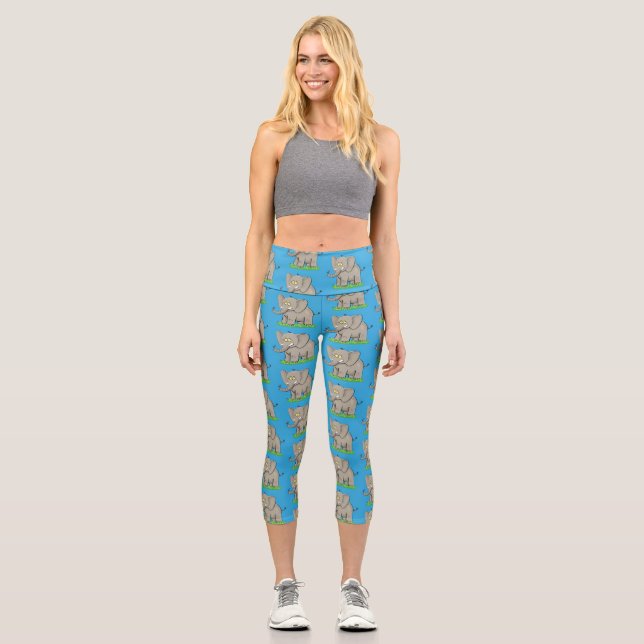 Cute funny elephant with bird on trunk cartoon capri leggings (Front)
