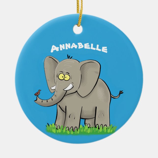 Cute funny elephant with bird on trunk cartoon ceramic tree decoration (Front)