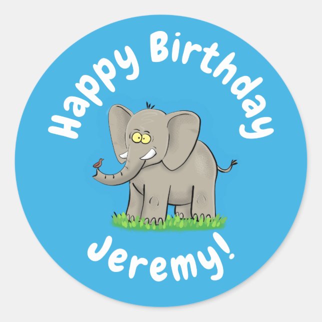Cute funny elephant with bird on trunk cartoon classic round sticker (Front)