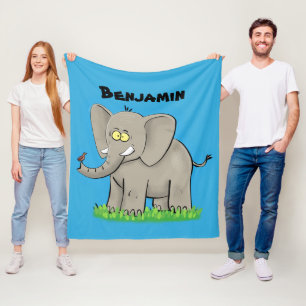 Cute funny elephant with bird on trunk cartoon fleece blanket
