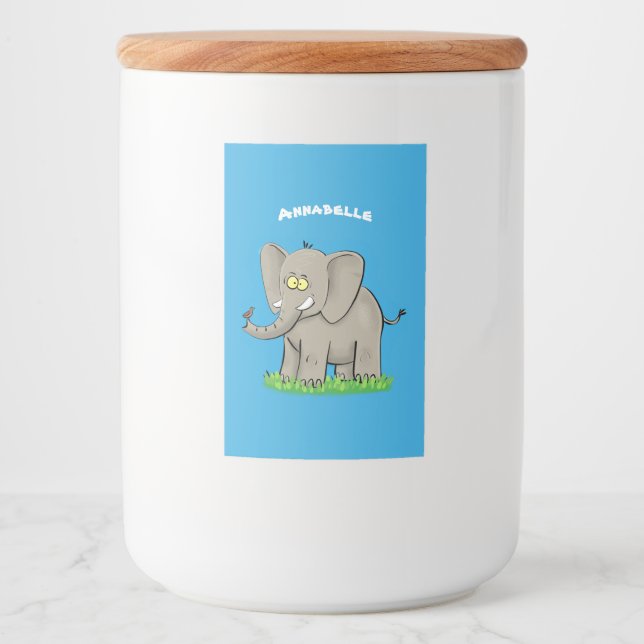 Cute funny elephant with bird on trunk cartoon food label (Front)