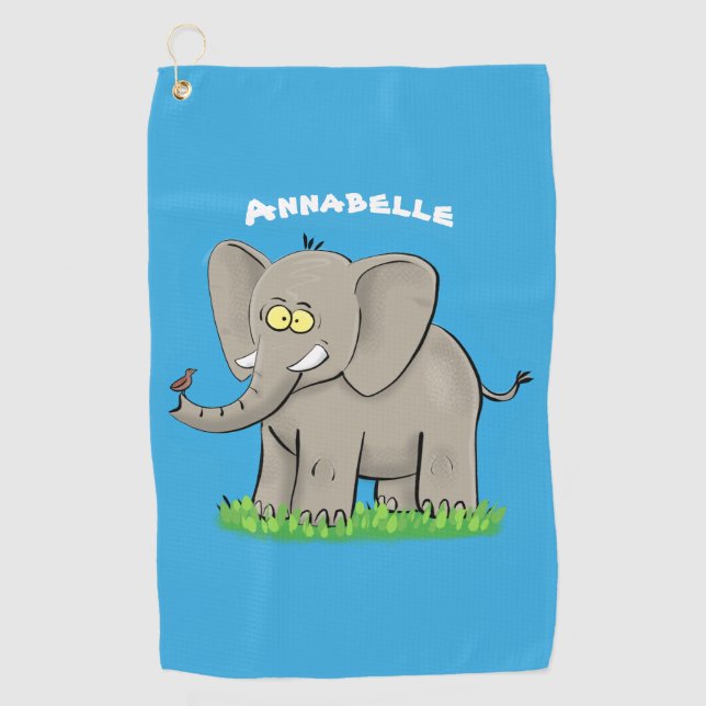 Cute funny elephant with bird on trunk cartoon  golf towel (Front)