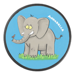Cute funny elephant with bird on trunk cartoon hockey puck