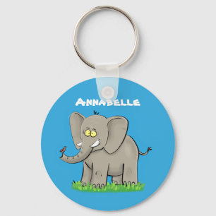 Cute funny elephant with bird on trunk cartoon key ring