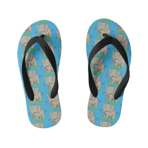 Cute funny elephant with bird on trunk cartoon kid's jandals