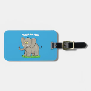 Cute funny elephant with bird on trunk cartoon luggage tag
