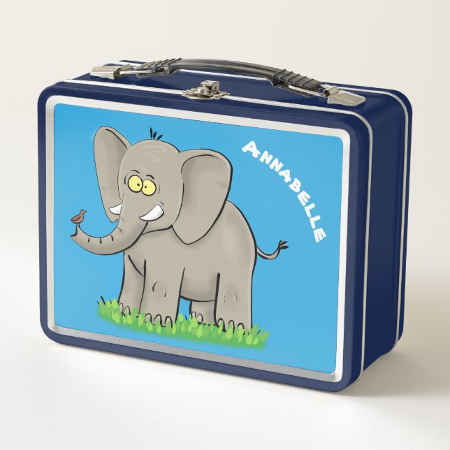 Cute funny elephant with bird on trunk cartoon metal lunch box (Front)