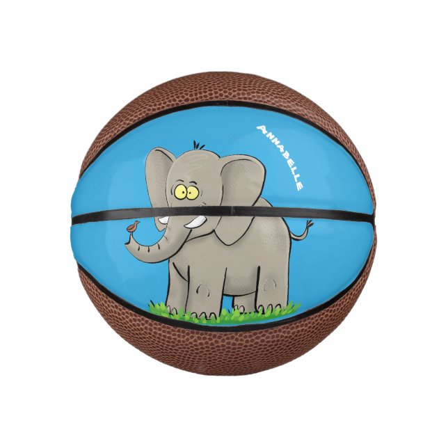 Cute funny elephant with bird on trunk cartoon mini basketball (Front)