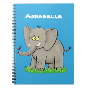 Cute funny elephant with bird on trunk cartoon notebook