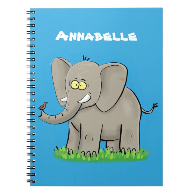 Cute funny elephant with bird on trunk cartoon notebook (Front)