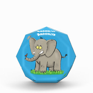 Cute funny elephant with bird on trunk cartoon photo block