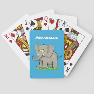 Cute funny elephant with bird on trunk cartoon playing cards