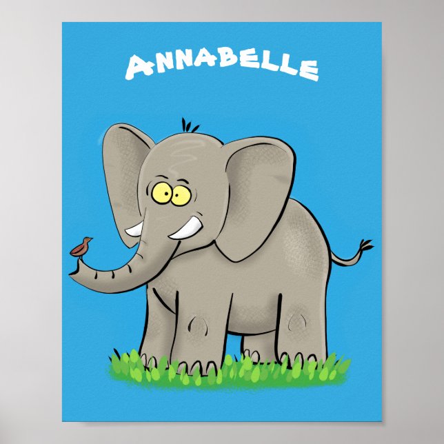 Cute funny elephant with bird on trunk cartoon poster (Front)