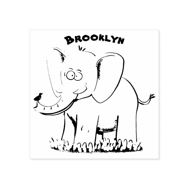 Cute funny elephant with bird on trunk cartoon rubber stamp (Imprint)