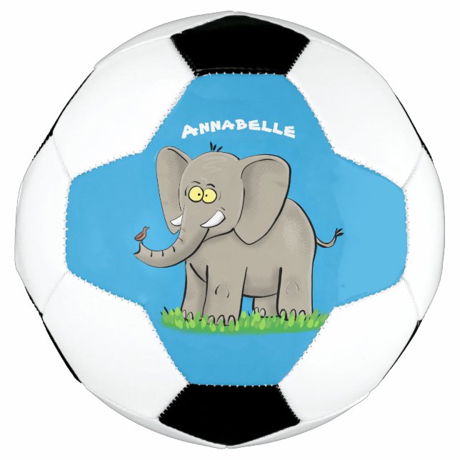 Cute funny elephant with bird on trunk cartoon soccer ball (Front)